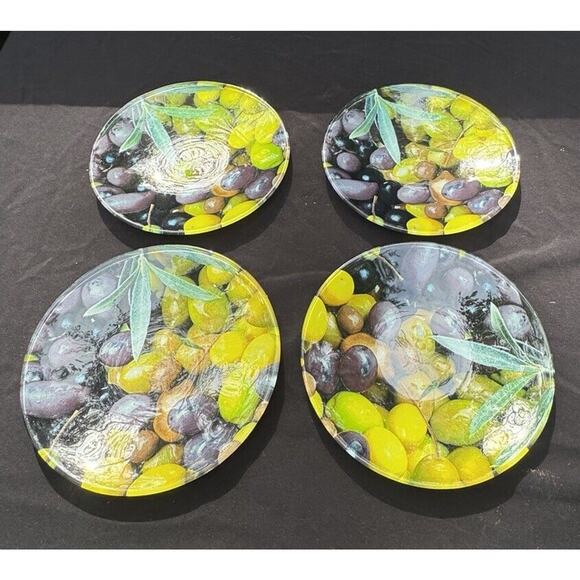 Beautiful Set of 4 Olive 8” Round Photo Bar Martini Wine Plates Unmarked - Picture 4 of 11